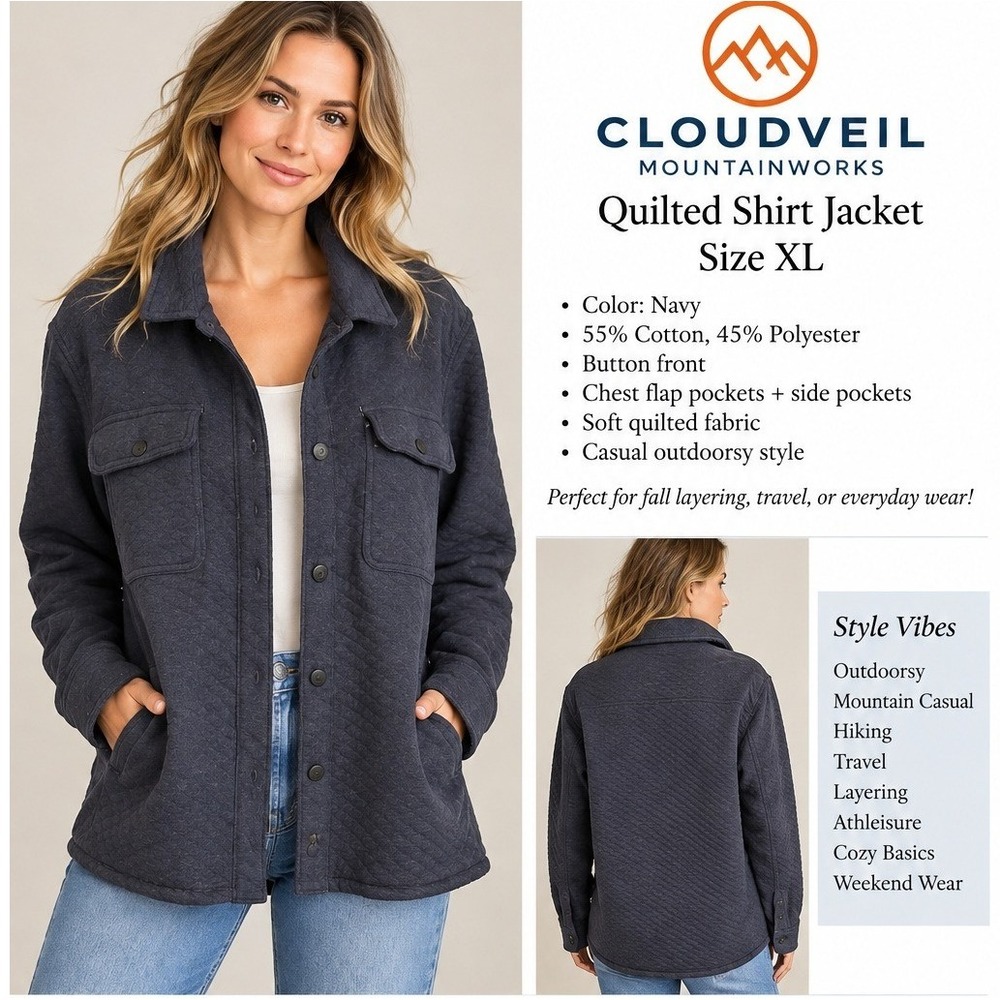 Cloudveil Quilted Shirt Jacket Women XL Navy Gorpcore Outdoor Utility Shacket